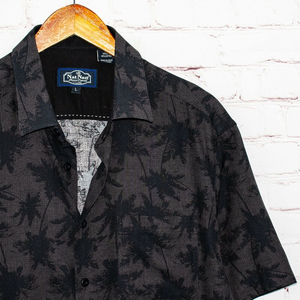 Nat Nast Silk Cotton black palm tree Short Sleeve hawaiian Shirt Men's  L